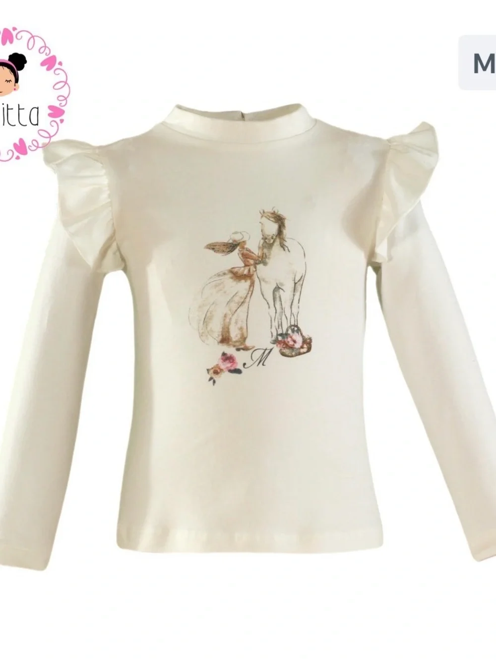 Teen Cream Long-Sleeve Ruffle Shoulder Top with Horse Print